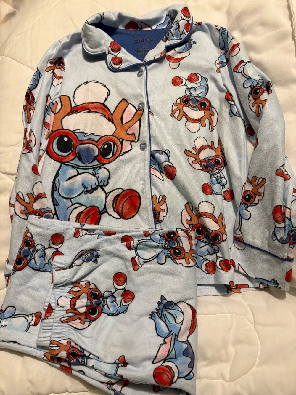 Disney Light Blue Stitch Holiday Fleece Pajama Set with Red Accents